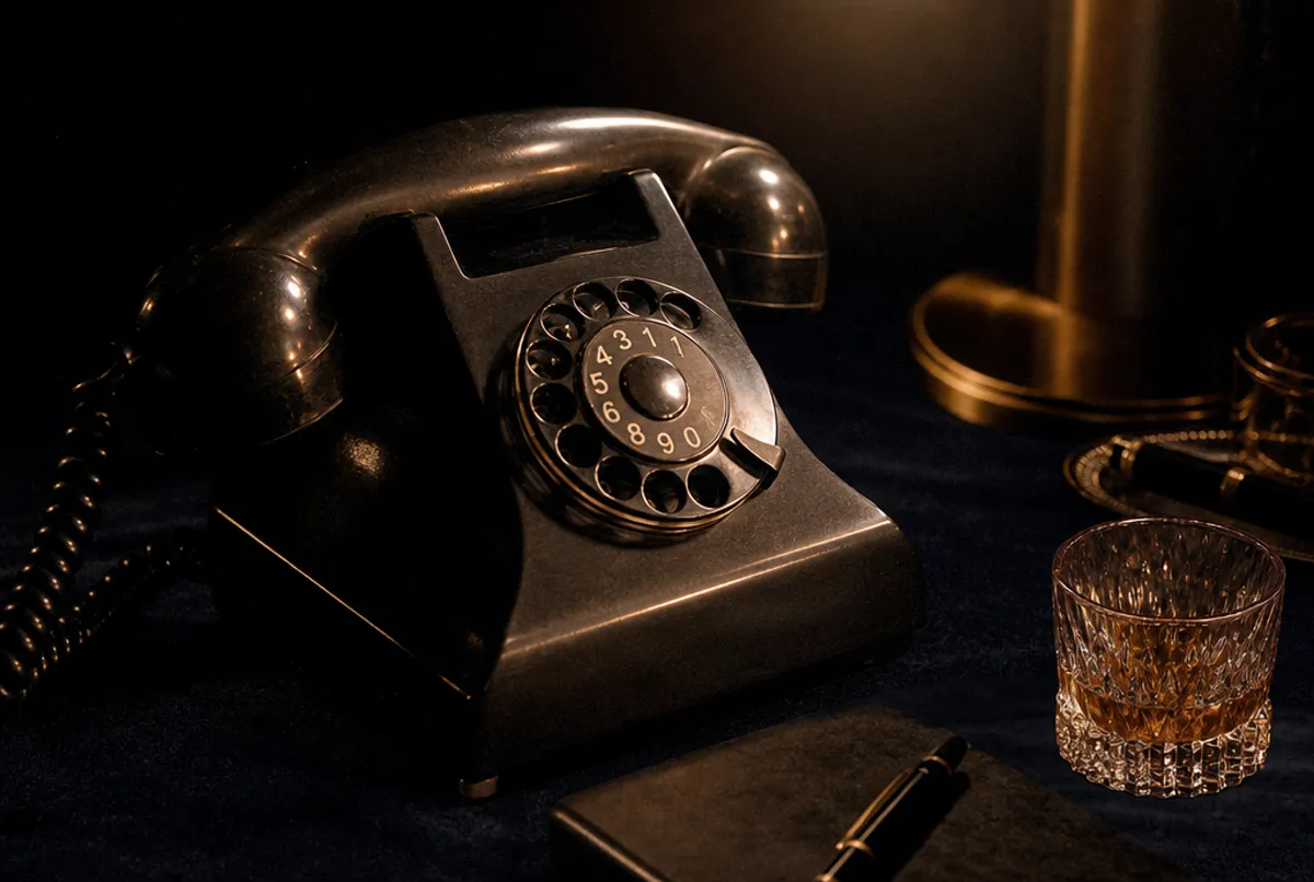Telefon auf navyblauer Fläche im Kupferlicht, diskret